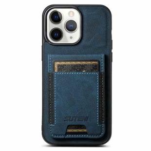 For iPhone 11 Pro Max Suteni H03 Litchi Leather Card Bag Stand Back Phone Case(Blue)