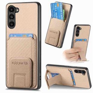 For Samsung Galaxy S21 5G Carbon Fiber Card Bag Fold Stand Phone Case(Khaki)
