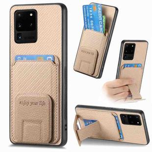 For Samsung Galaxy S20 Ultra Carbon Fiber Card Bag Fold Stand Phone Case(Khaki)