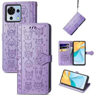 For ZTE Blade V50 Vita Cat and Dog Embossed Leather Phone Case(Purple)