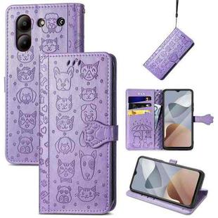 For ZTE Blade A54 Cat and Dog Embossed Leather Phone Case(Purple)
