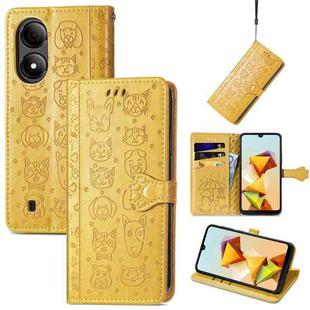 For ZTE Blade A33S Cat and Dog Embossed Leather Phone Case(Yellow)