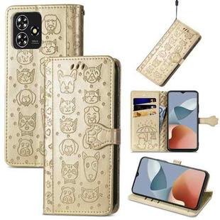 For ZTE Blade A73 4G Cat and Dog Embossed Leather Phone Case(Gold)