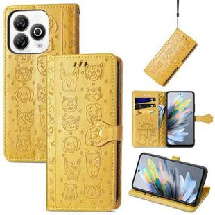 For ZTE Blade A75 4G Cat and Dog Embossed Leather Phone Case(Yellow)