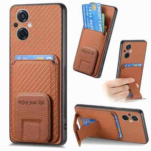 For OPPO Reno8 Z Carbon Fiber Card Bag Fold Stand Phone Case(Brown)