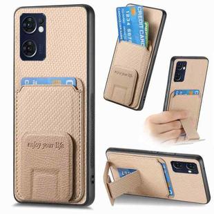 For OPPO Reno7 5G Carbon Fiber Card Bag Fold Stand Phone Case(Khaki)