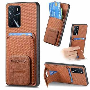 For OPPO A16 Carbon Fiber Card Bag Fold Stand Phone Case(Brown)