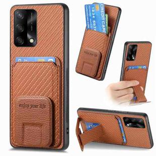 For OPPO F19 Carbon Fiber Card Bag Fold Stand Phone Case(Brown)