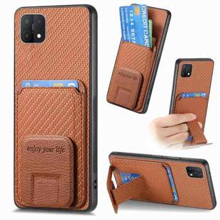 For OPPO A15 Carbon Fiber Card Bag Fold Stand Phone Case(Brown)