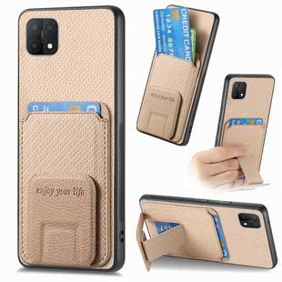 For OPPO A15 Carbon Fiber Card Bag Fold Stand Phone Case(Khaki)