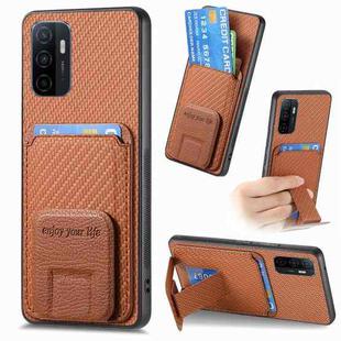 For OPPO A53 / A53S Carbon Fiber Card Bag Fold Stand Phone Case(Brown)