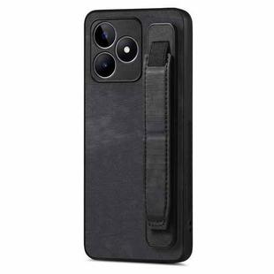 For Realme C53 Retro Wristband Holder Leather Back Phone Case(Black)