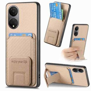 For Honor X7 Carbon Fiber Card Bag Fold Stand Phone Case(Khaki)