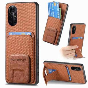 For Huawei Nova 8 Carbon Fiber Card Bag Fold Stand Phone Case(Brown)