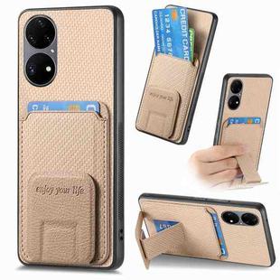 For Huawei P50 Pro Carbon Fiber Card Bag Fold Stand Phone Case(Khaki)