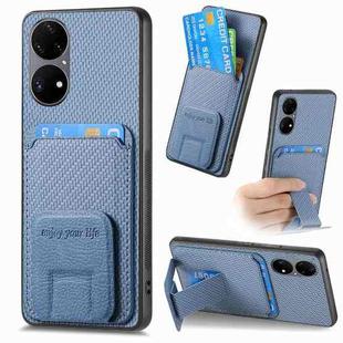 For Huawei P50 Carbon Fiber Card Bag Fold Stand Phone Case(Blue)