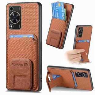 For Huawei Enjoy 70 Carbon Fiber Card Bag Fold Stand Phone Case(Brown)