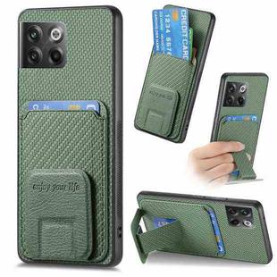 For OnePlus 10T Carbon Fiber Card Bag Fold Stand Phone Case(Green)