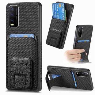 For vivo Y20 Carbon Fiber Card Bag Fold Stand Phone Case(Black)