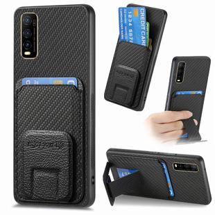 For vivo Y70s Carbon Fiber Card Bag Fold Stand Phone Case(Black)