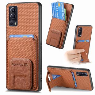 For vivo Y72 5G Carbon Fiber Card Bag Fold Stand Phone Case(Brown)