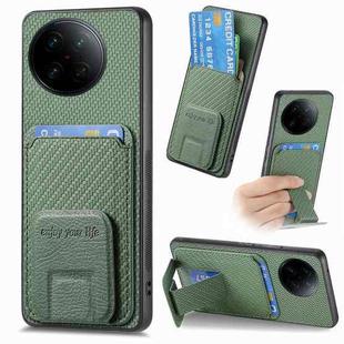 For vivo X90 Pro 5G Carbon Fiber Card Bag Fold Stand Phone Case(Green)