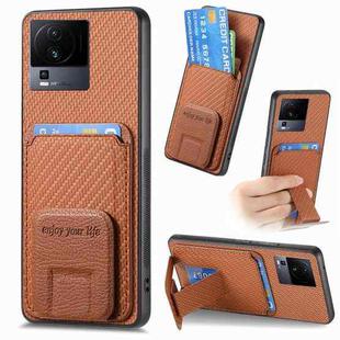 For vivo iQOO Neo 7 SE Carbon Fiber Card Bag Fold Stand Phone Case(Brown)