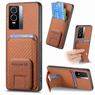 For vivo Y76 Carbon Fiber Card Bag Fold Stand Phone Case(Brown)