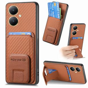 For Vivo Y35M+ Carbon Fiber Card Bag Fold Stand Phone Case(Brown)