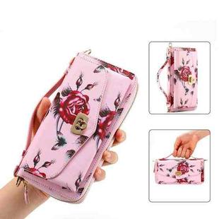 For iPhone 12 MagSafe Flower Multi-functional Crossbody Zipper Wallet Leather Phone Case(Pink)