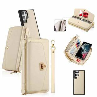 For Samsung Galaxy S22 Ultra 5G Crossbody Multi-functional Zipper Wallet Litchi Leather Phone Case(Beige)