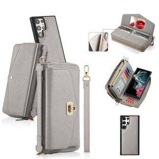 For Samsung Galaxy S22 Ultra 5G Crossbody Multi-functional Zipper Wallet Litchi Leather Phone Case(Grey)