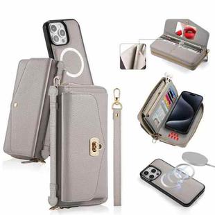 For iPhone 15 Pro Max MagSafe Crossbody Multi-functional Zipper Wallet Litchi Leather Phone Case(Grey)