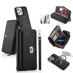 For iPhone 15 Pro Max MagSafe Crossbody Multi-functional Zipper Wallet Litchi Leather Phone Case(Black)