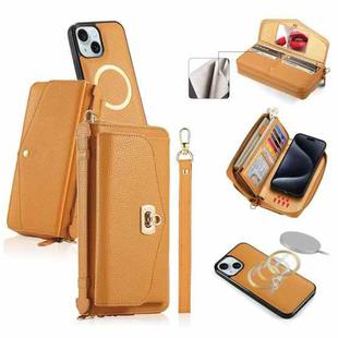 For iPhone 15 Plus MagSafe Crossbody Multi-functional Zipper Wallet Litchi Leather Phone Case(Orange)