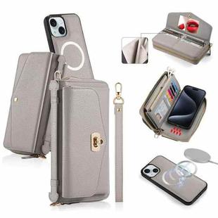 For iPhone 15 Plus MagSafe Crossbody Multi-functional Zipper Wallet Litchi Leather Phone Case(Grey)