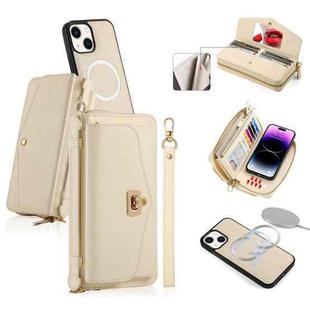 For iPhone 14 Plus MagSafe Crossbody Multi-functional Zipper Wallet Litchi Leather Phone Case(White)