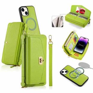 For iPhone 14 Plus MagSafe Crossbody Multi-functional Zipper Wallet Litchi Leather Phone Case(Green)