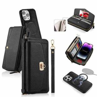 For iPhone 14 Pro MagSafe Crossbody Multi-functional Zipper Wallet Litchi Leather Phone Case(Black)