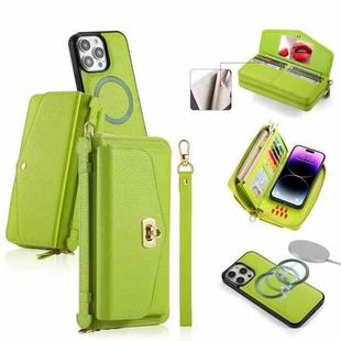 For iPhone 14 Pro Max MagSafe Crossbody Multi-functional Zipper Wallet Litchi Leather Phone Case(Green)