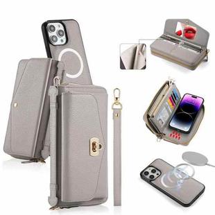 For iPhone 14 Pro Max MagSafe Crossbody Multi-functional Zipper Wallet Litchi Leather Phone Case(Grey)