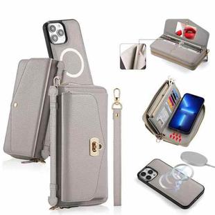 For iPhone 13 Pro Max MagSafe Crossbody Multi-functional Zipper Wallet Litchi Leather Phone Case(Grey)