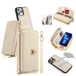 For iPhone 13 Pro MagSafe Crossbody Multi-functional Zipper Wallet Litchi Leather Phone Case(White)