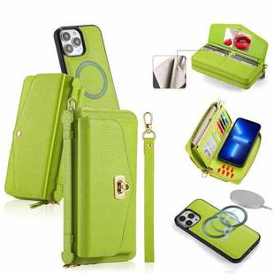 For iPhone 13 Pro MagSafe Crossbody Multi-functional Zipper Wallet Litchi Leather Phone Case(Green)