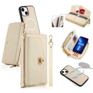 For iPhone 13 MagSafe Crossbody Multi-functional Zipper Wallet Litchi Leather Phone Case(White)