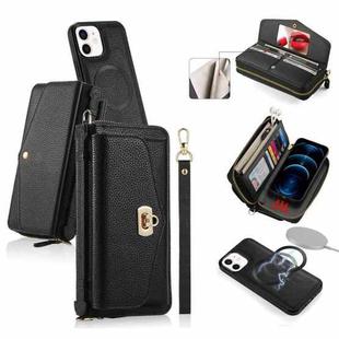 For iPhone 12 MagSafe Crossbody Multi-functional Zipper Wallet Litchi Leather Phone Case(Black)