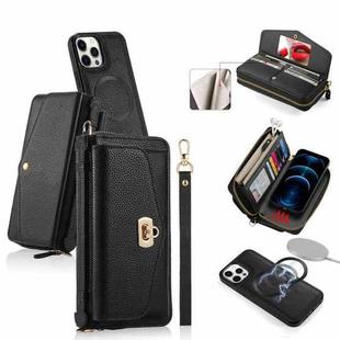 For iPhone 12 Pro Max MagSafe Crossbody Multi-functional Zipper Wallet Litchi Leather Phone Case(Black)