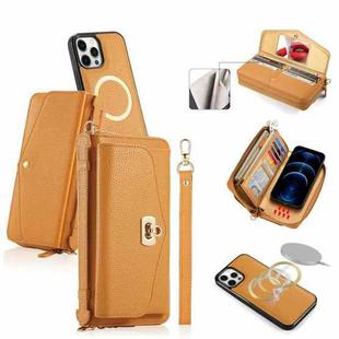 For iPhone 12 Pro MagSafe Crossbody Multi-functional Zipper Wallet Litchi Leather Phone Case(Orange)