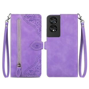 For TCL 40 NXTpaper 4G Embossed Flower Zipper Leather Phone Case(Purple)