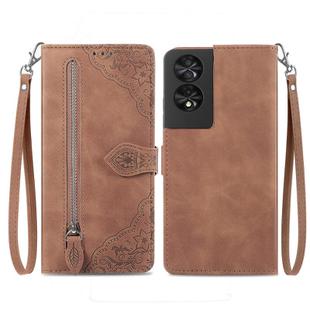 For TCL 40 NXTpaper 4G Embossed Flower Zipper Leather Phone Case(Brown)